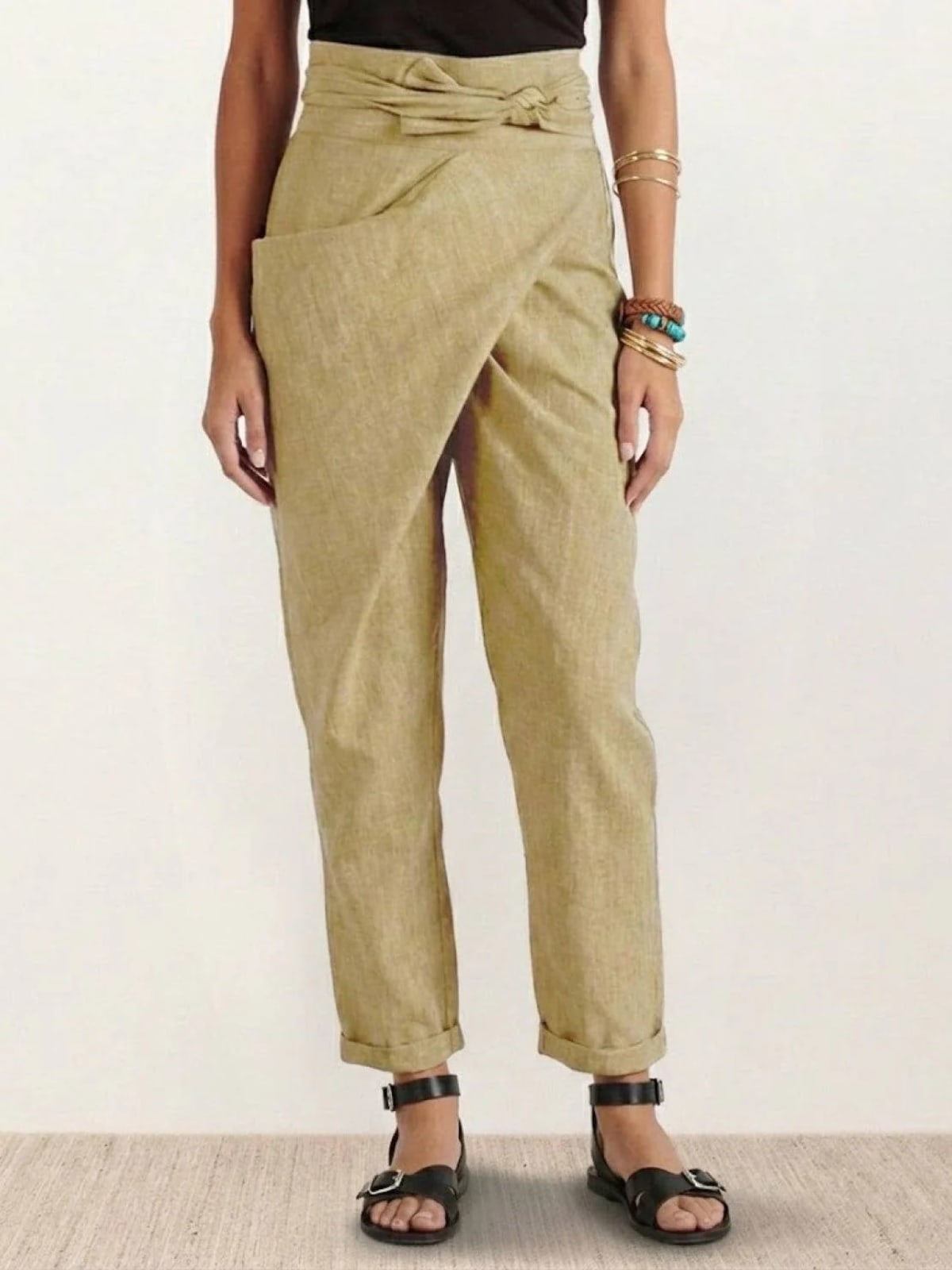 High-waisted wrap front cropped pants with bow tie.
