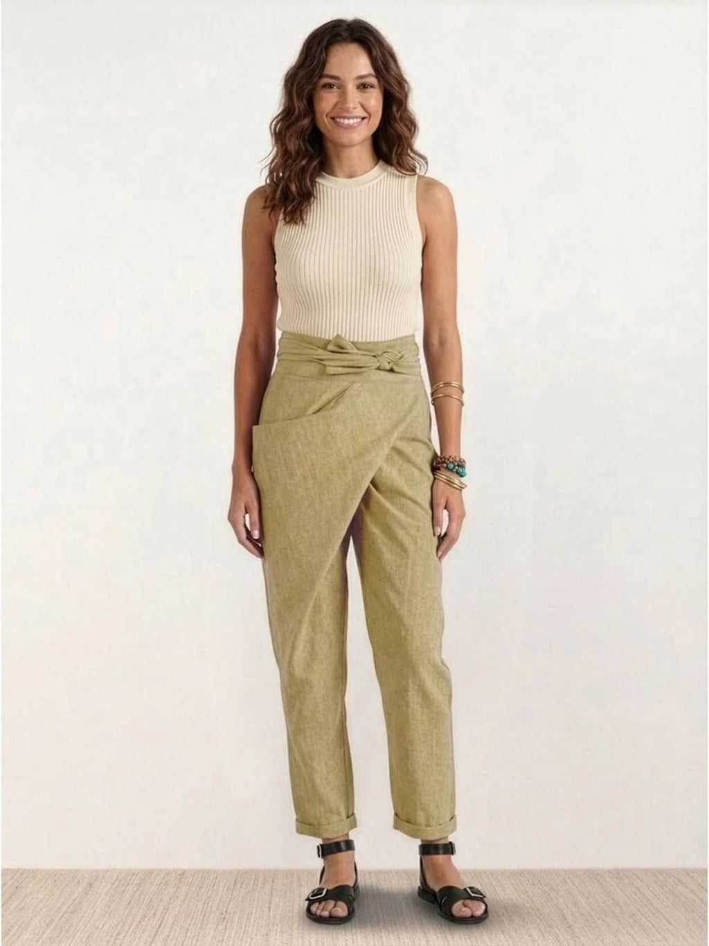 High-waisted wrap front cropped pants with bow tie.