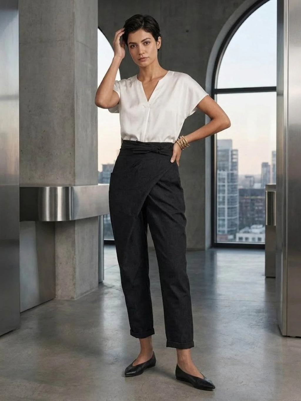 High-waisted wrap front cropped pants with bow tie.