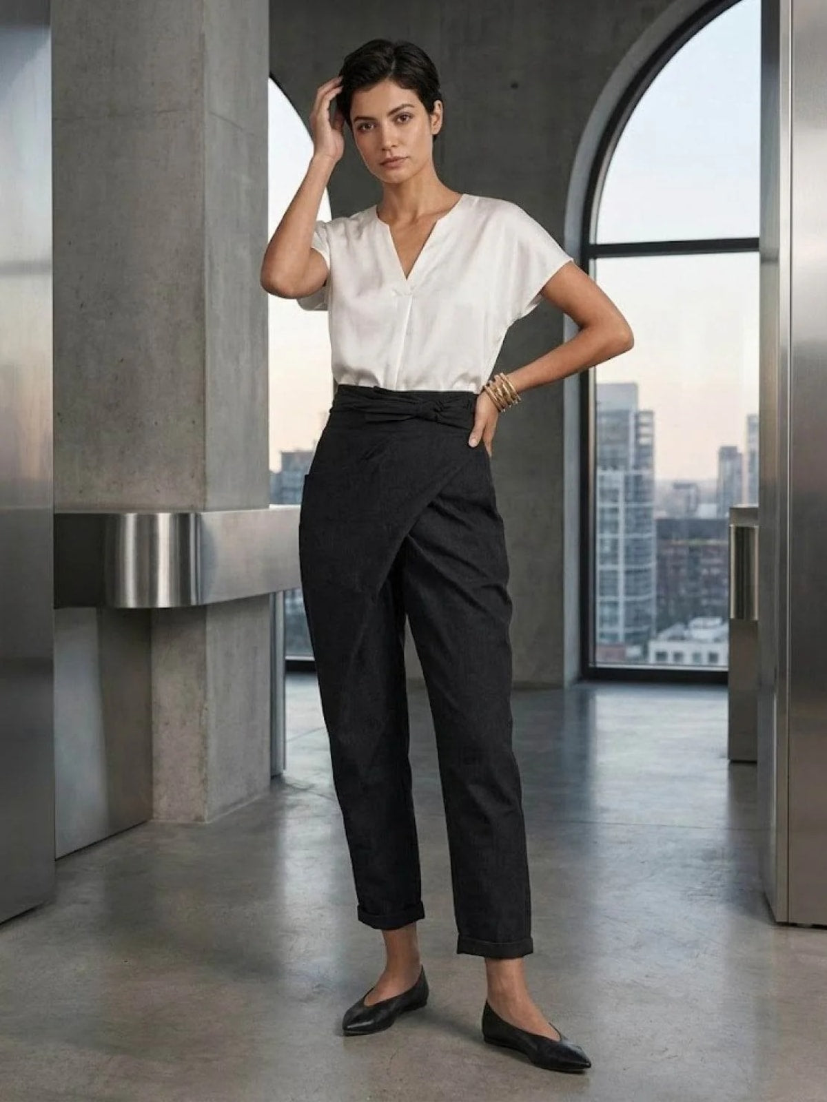 High-waisted wrap front cropped pants with bow tie.