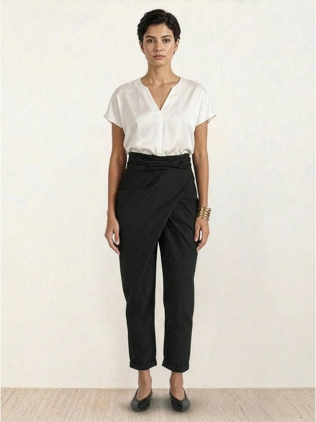 High-waisted wrap front cropped pants with bow tie.