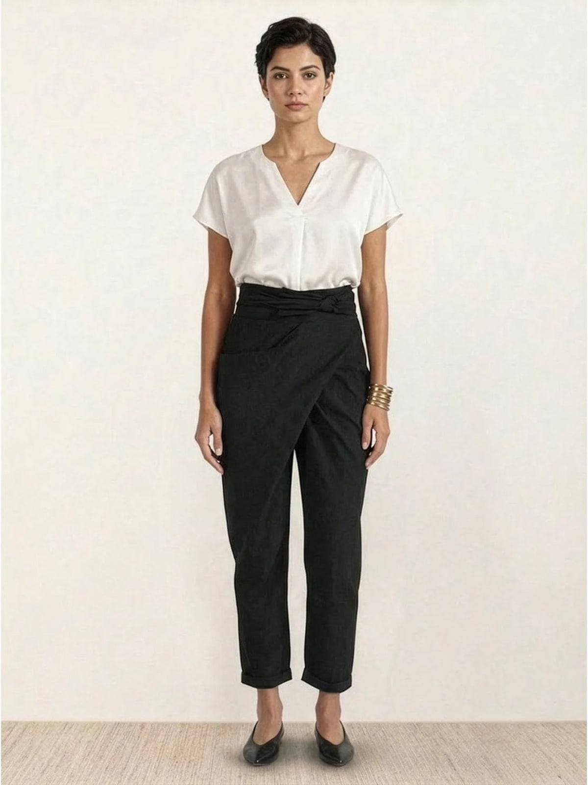 High-waisted wrap front cropped pants with bow tie.