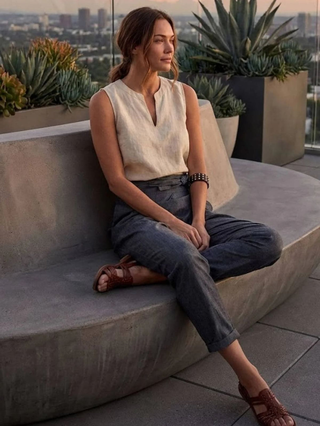 High-waisted wrap front cropped pants with bow tie.
