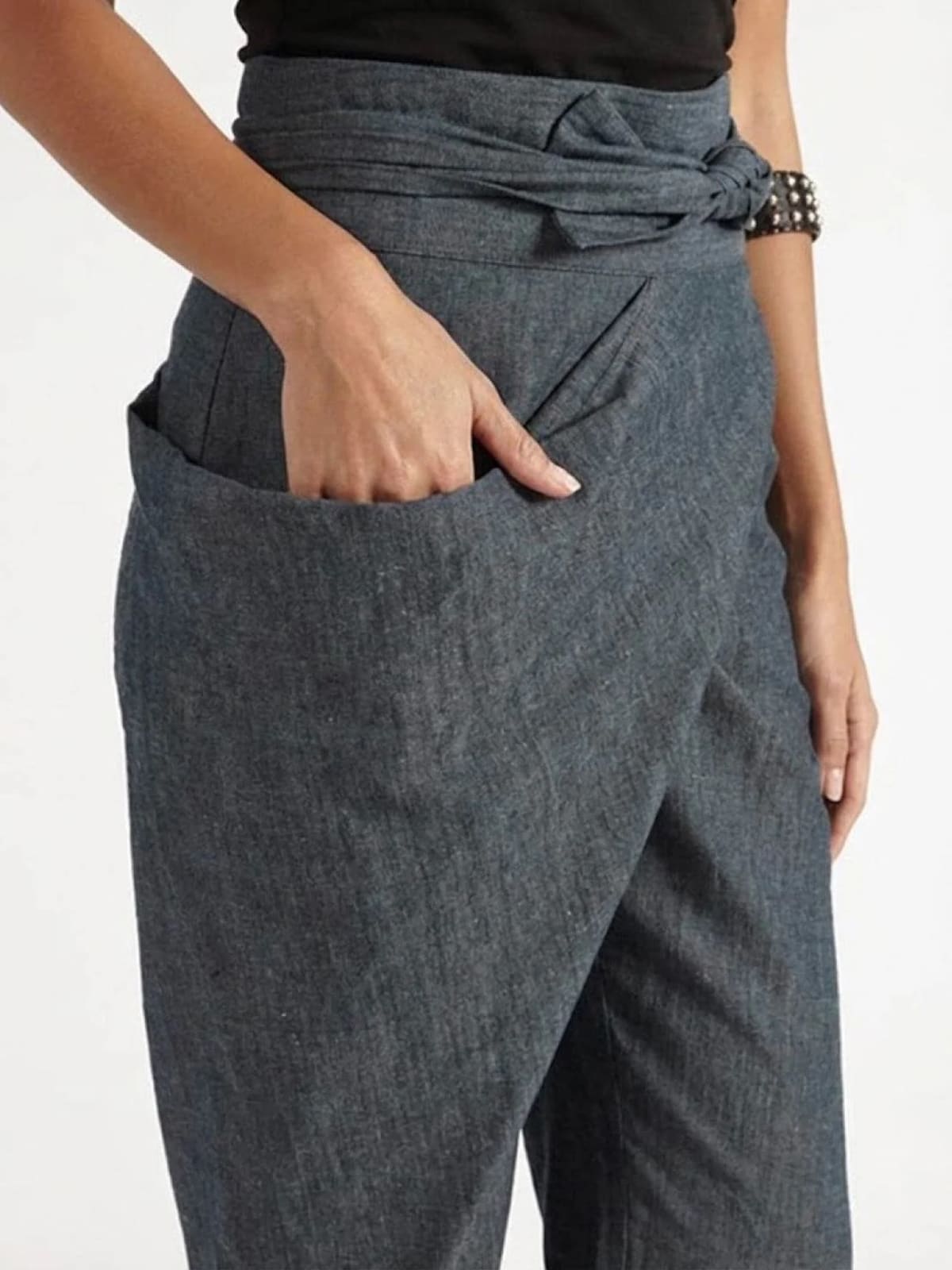 High-waisted wrap front cropped pants with bow tie.