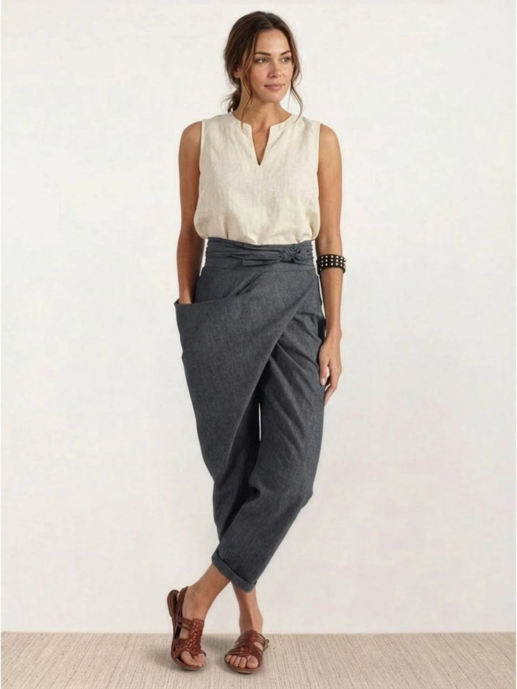 High-waisted wrap front cropped pants with bow tie.