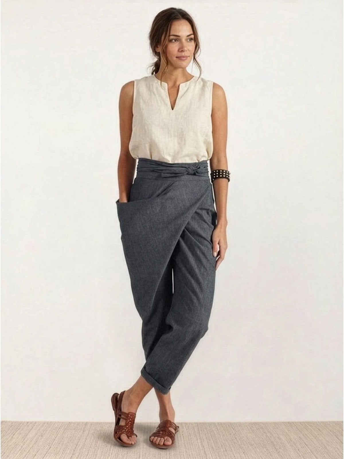 High-waisted wrap front cropped pants with bow tie.