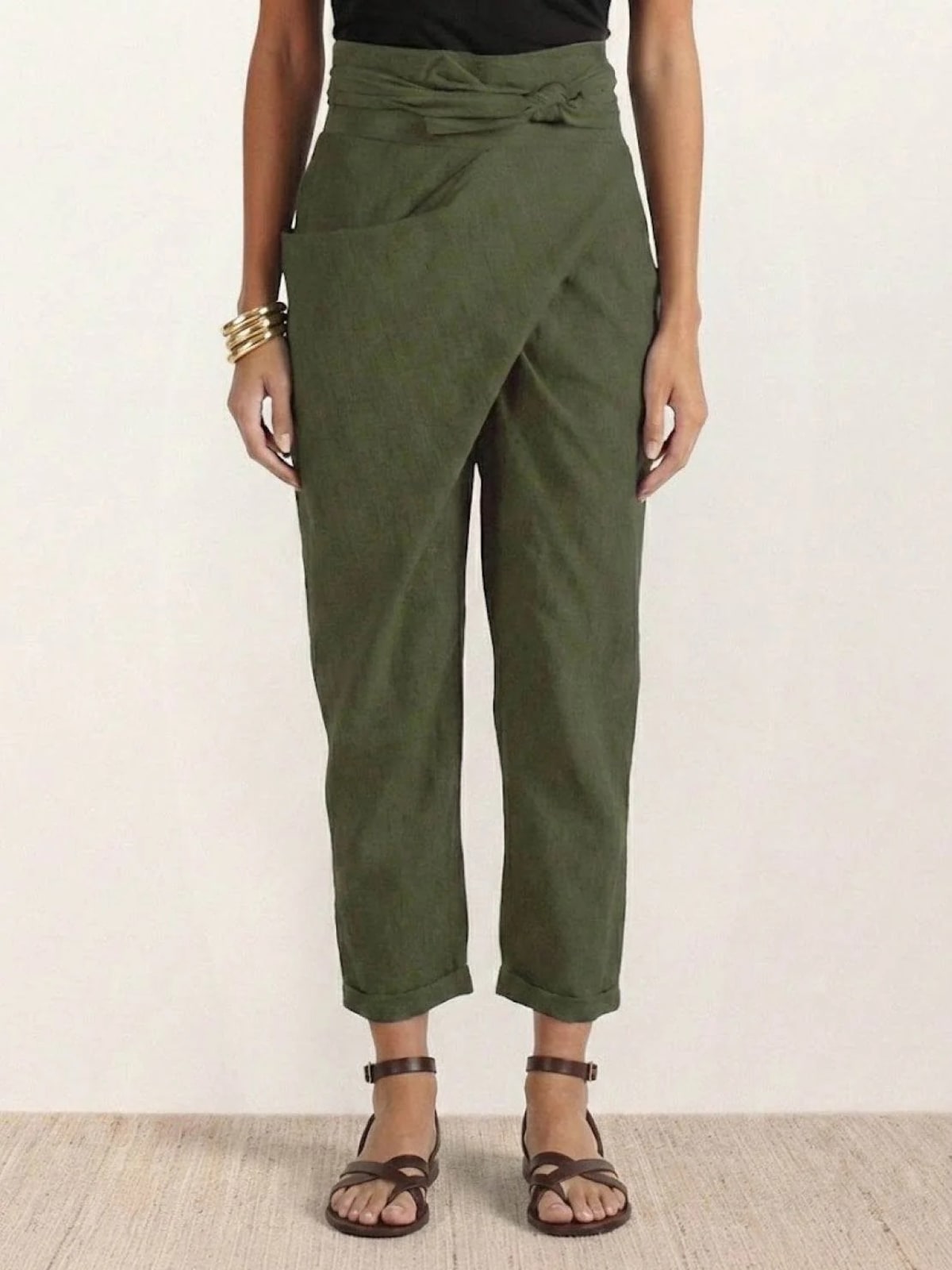 High-waisted wrap front cropped pants with bow tie.