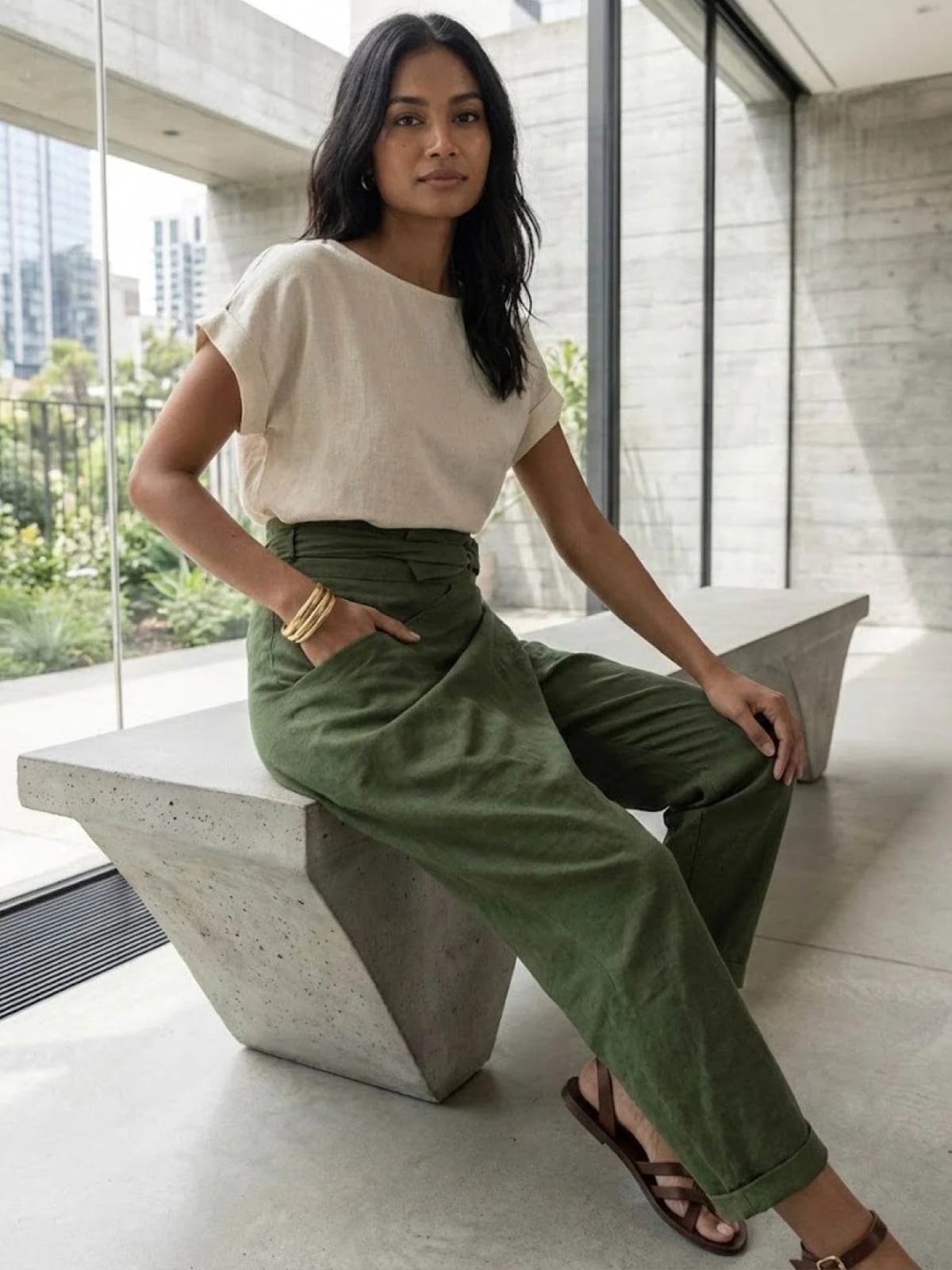 High-waisted wrap front cropped pants with bow tie.