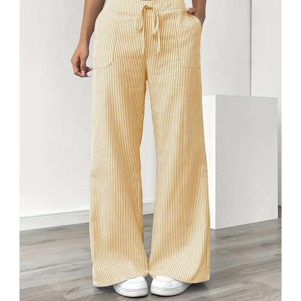 Striped pants with adjustable waistband and pockets for women.