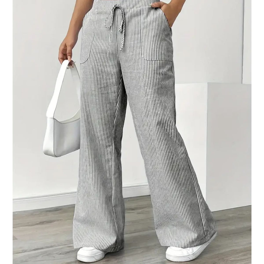 Striped pants with adjustable waistband and pockets for women.