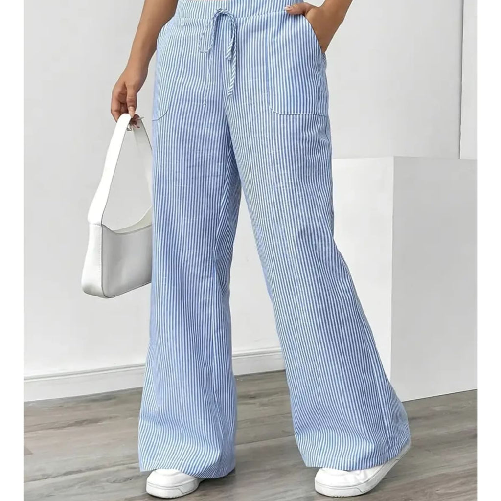 Striped pants with adjustable waistband and pockets for women.