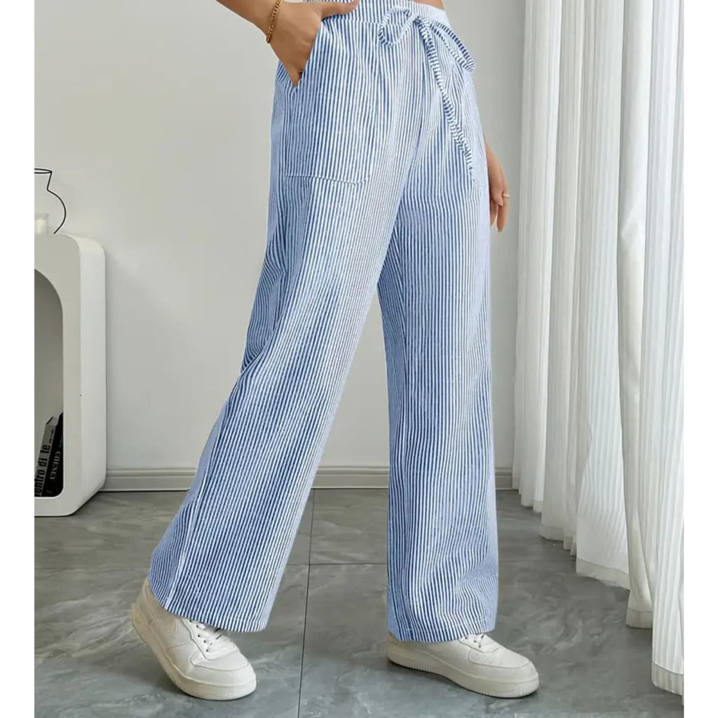 Striped pants with adjustable waistband and pockets for women.