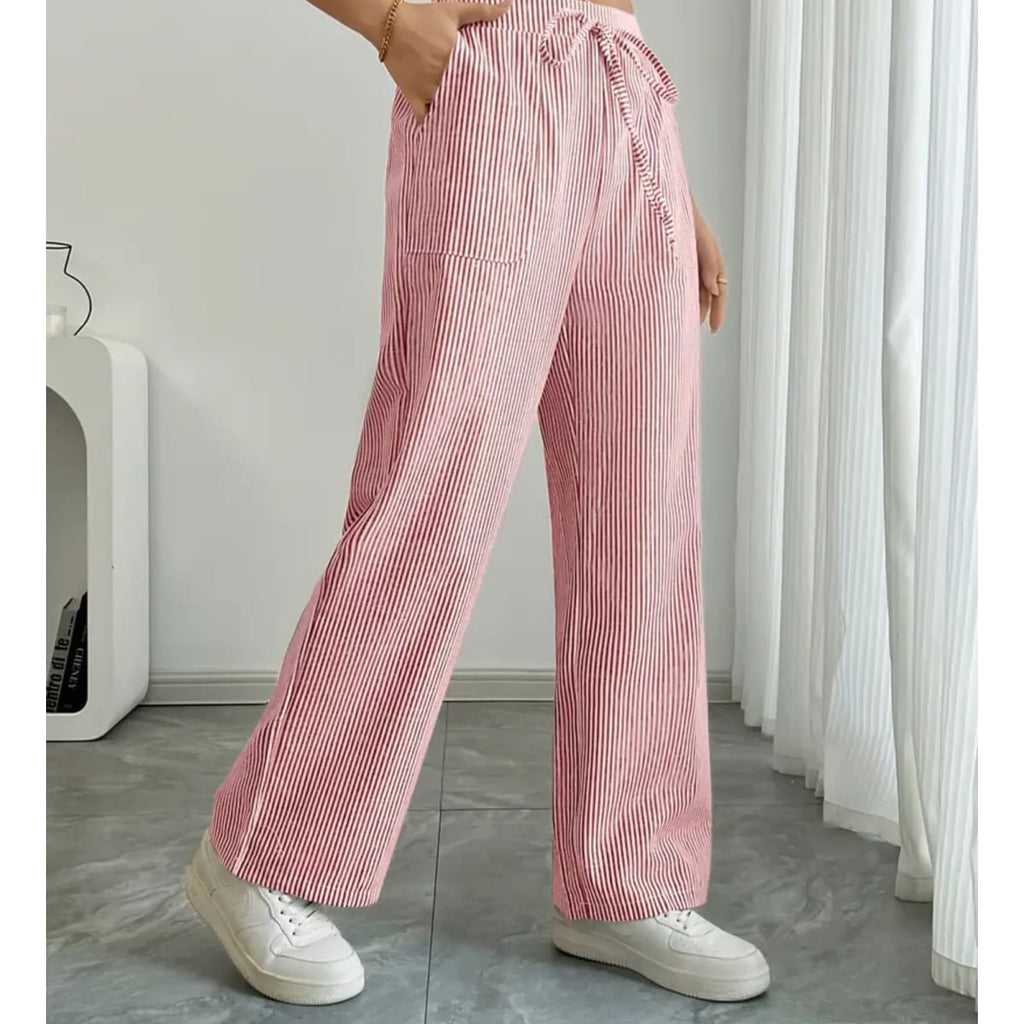 Striped pants with adjustable waistband and pockets for women.