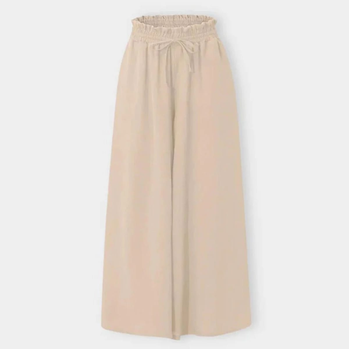 High-waisted wide-leg pants with smocked waistband and drawstring.