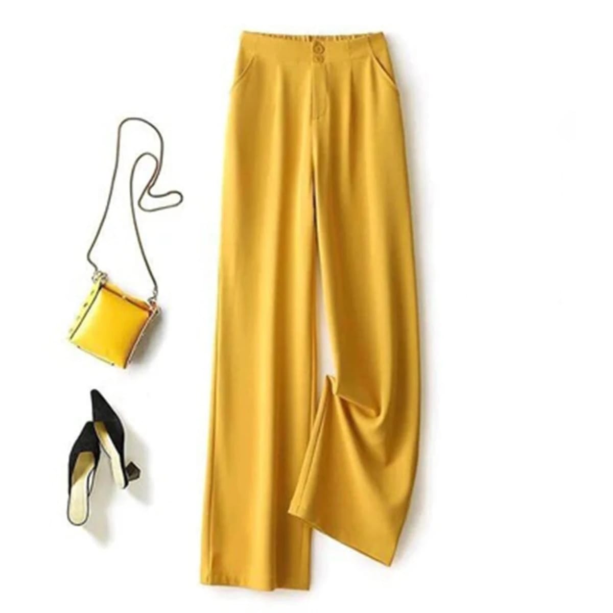 Women's high-waisted wide-leg pants with button closure.