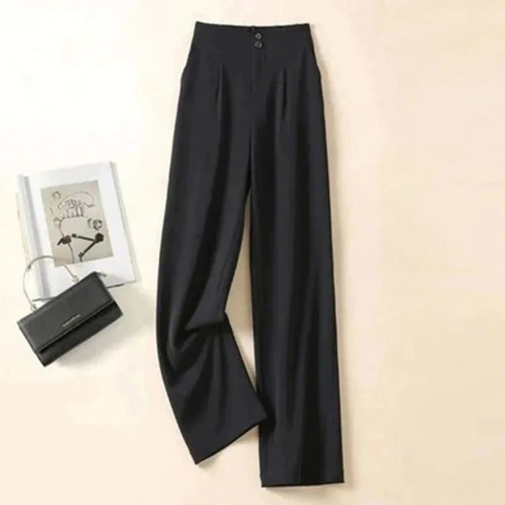 Women's high-waisted wide-leg pants with button closure.