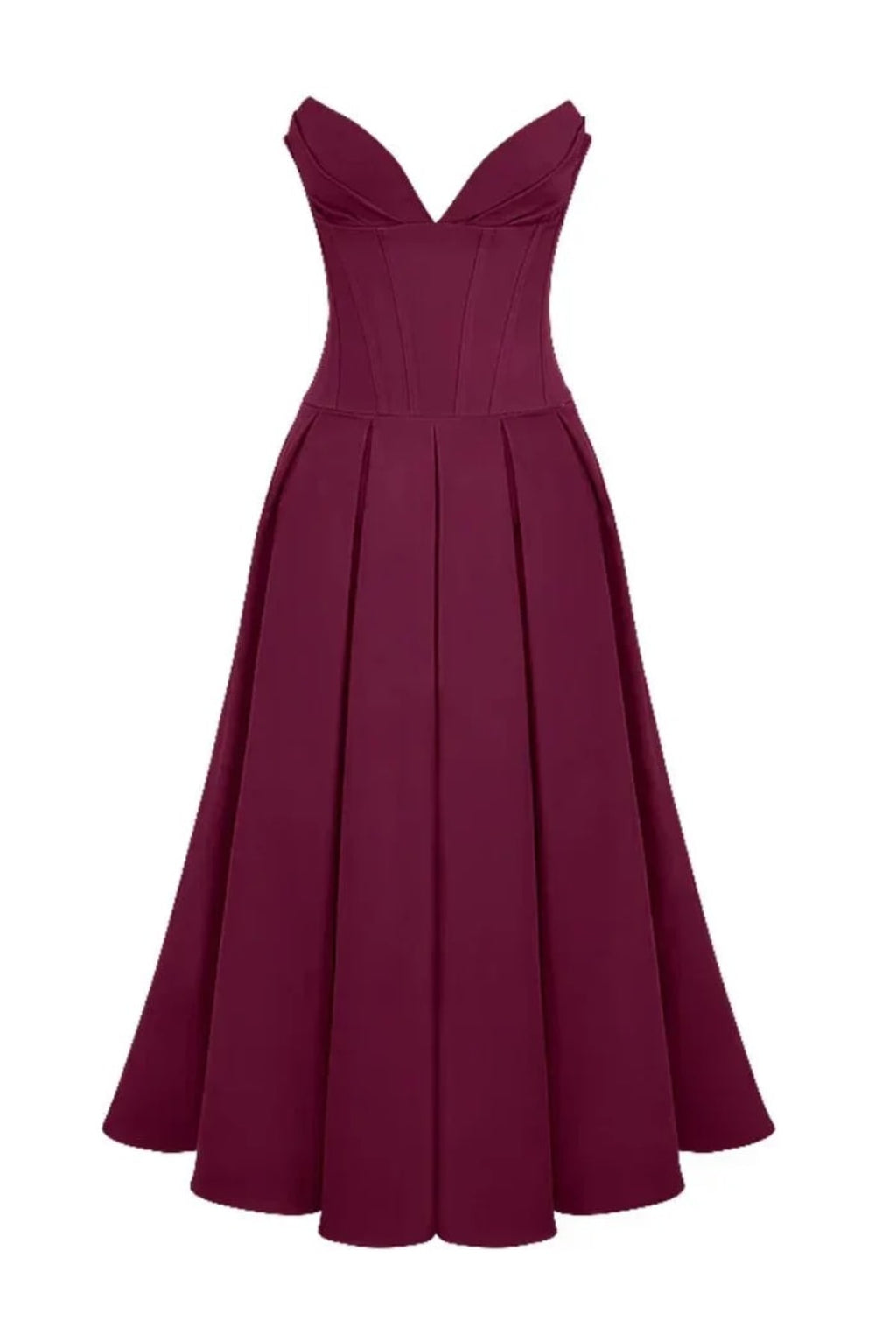 Woman modeling a strapless tea-length dress with pleated skirt.