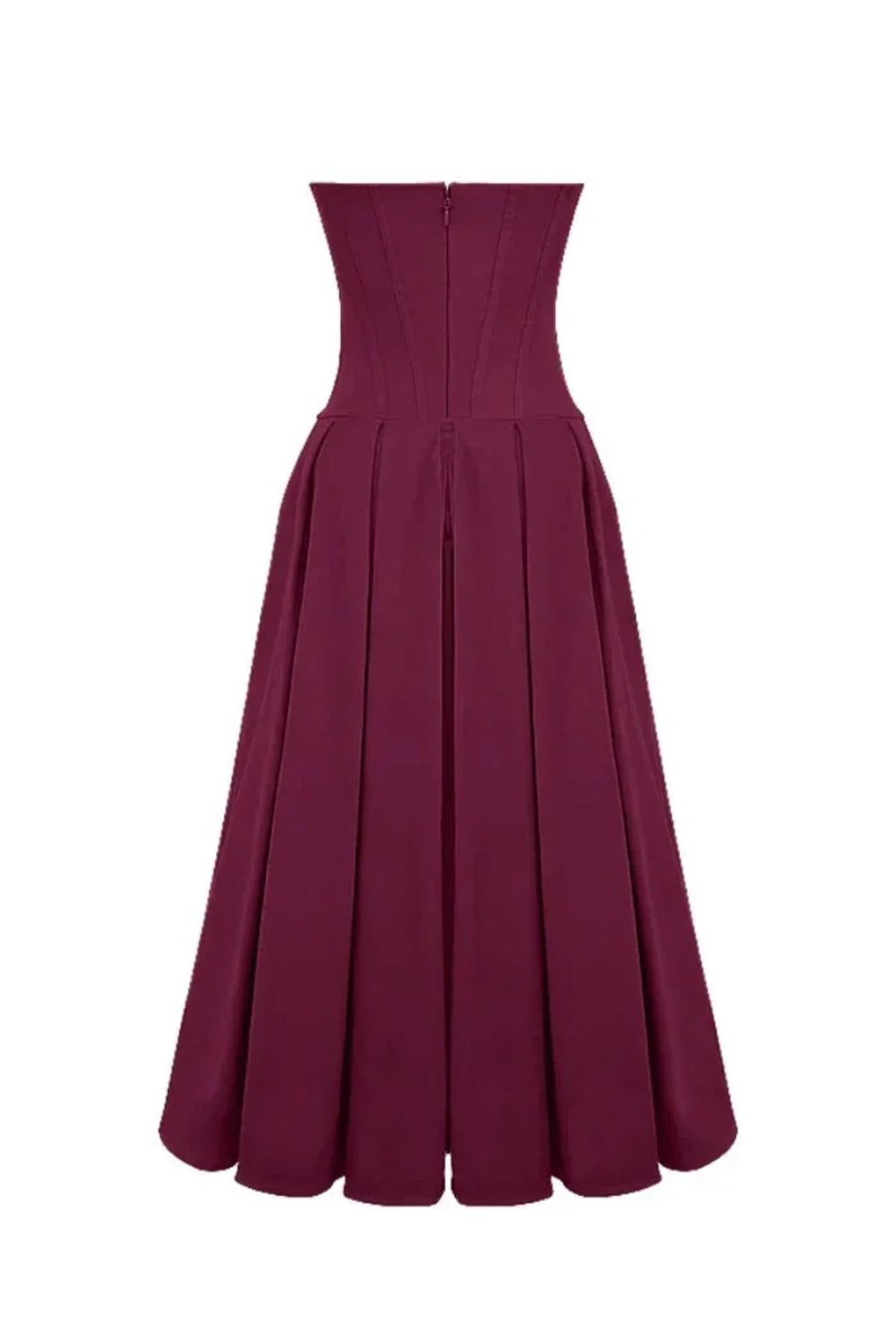 Woman modeling a strapless tea-length dress with pleated skirt.