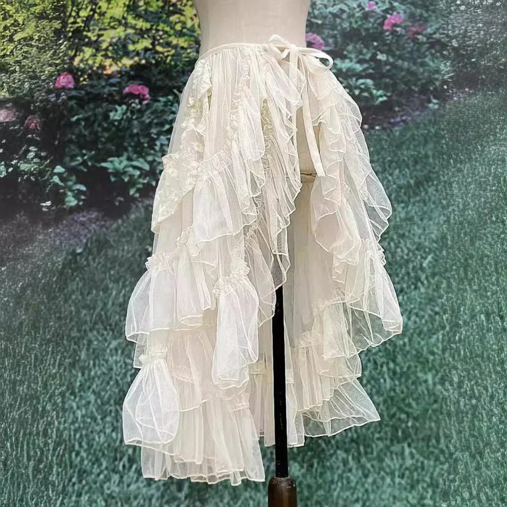 White layered ruffled skirt overlay with sheer tulle and lace.