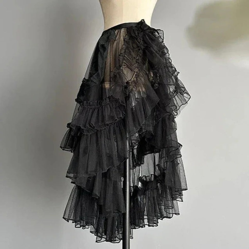 White layered ruffled skirt overlay with sheer tulle and lace.
