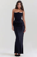 Strapless lace evening dress with flowing skirt, structured bodice.