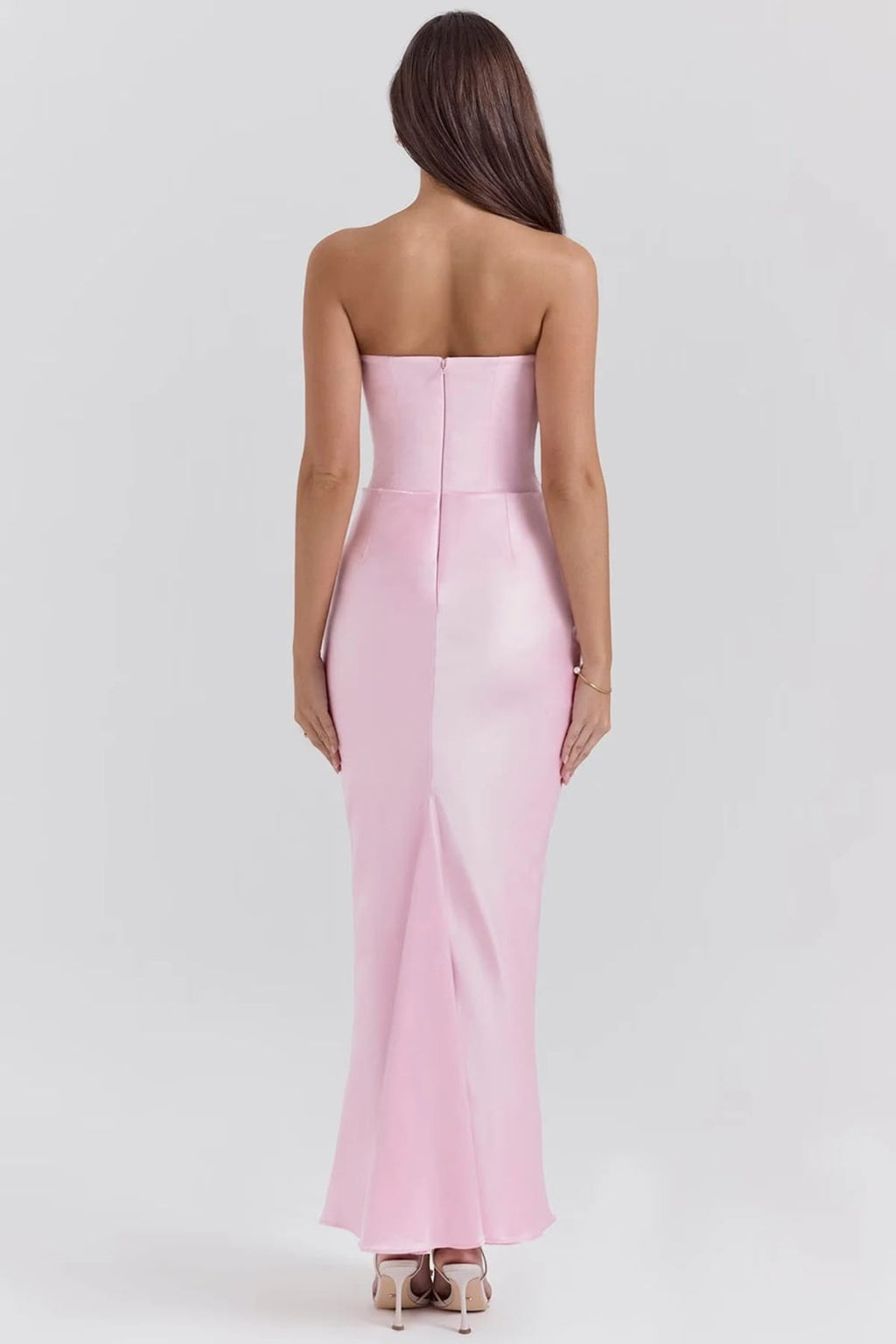 Strapless lace evening dress with flowing skirt, structured bodice.