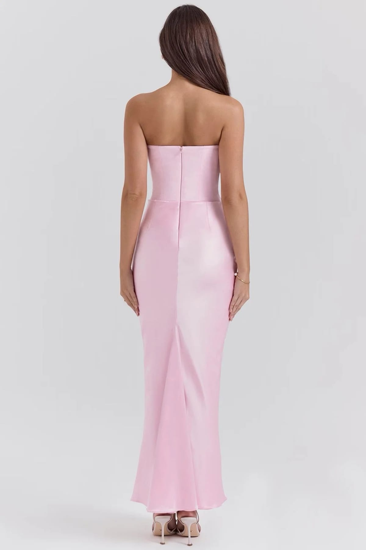 Strapless lace evening dress with flowing skirt, structured bodice.