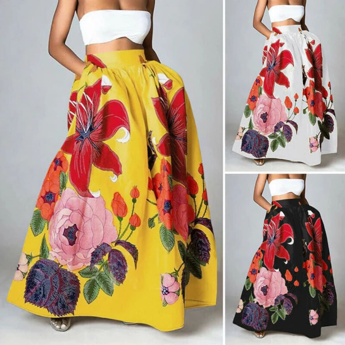 Woman wearing a vibrant floral maxi skirt with red lilies, pink peonies.