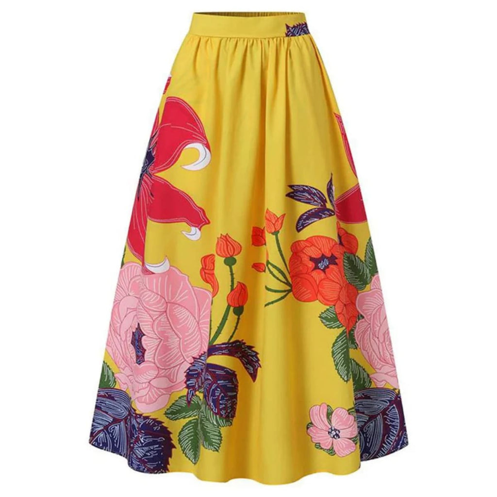 Woman wearing a vibrant floral maxi skirt with red lilies, pink peonies.