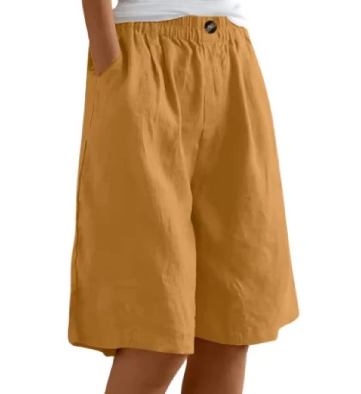 Elastic waistband shorts, relaxed fit, mid-thigh length.