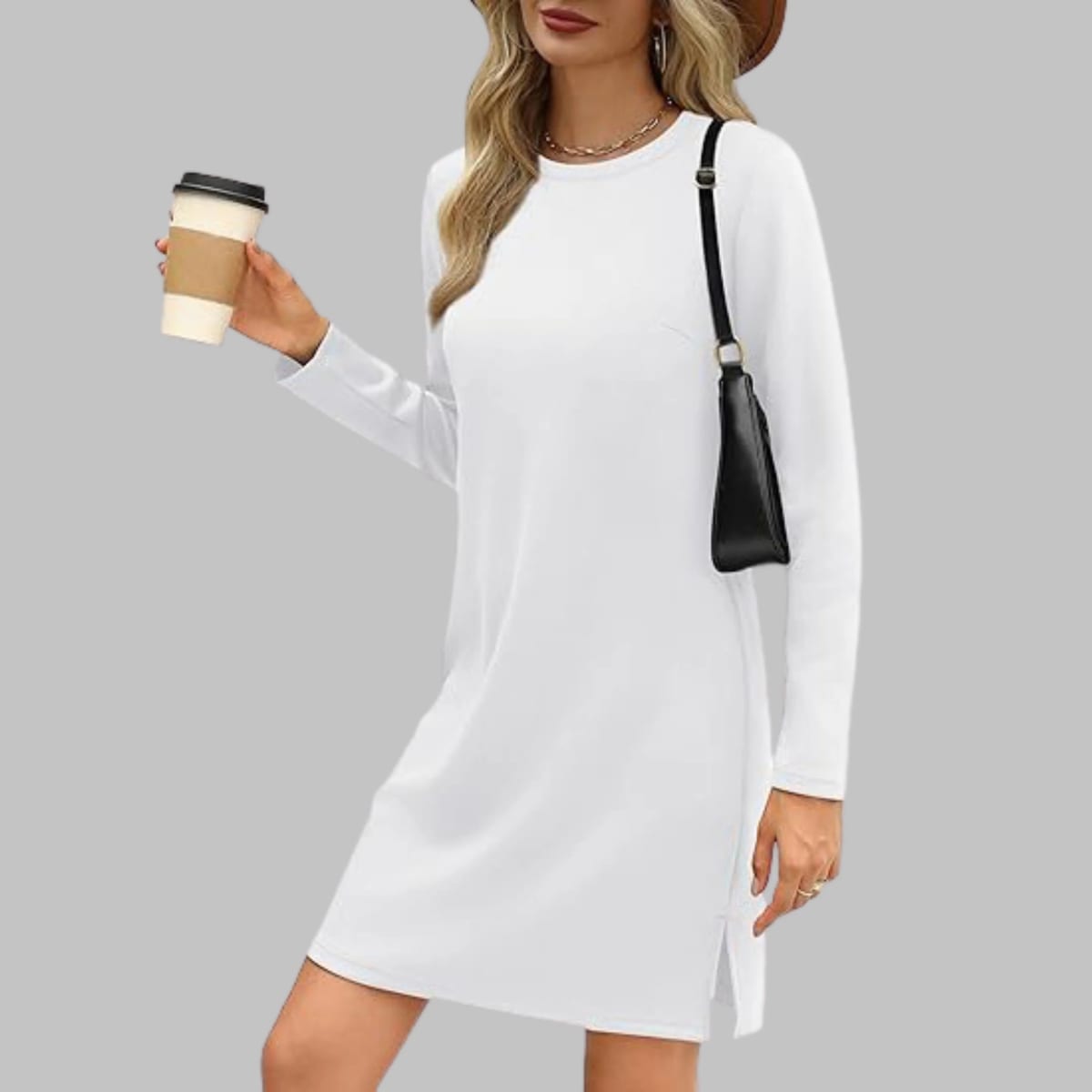 Long sleeve slim fit dress with round neckline.