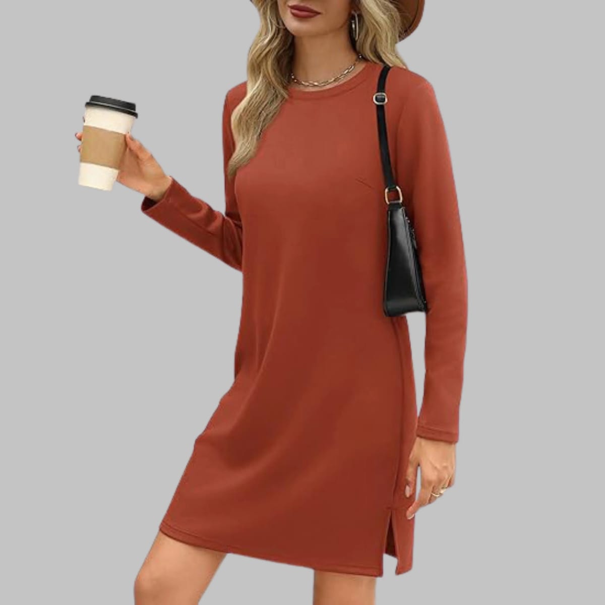 Long sleeve slim fit dress with round neckline.
