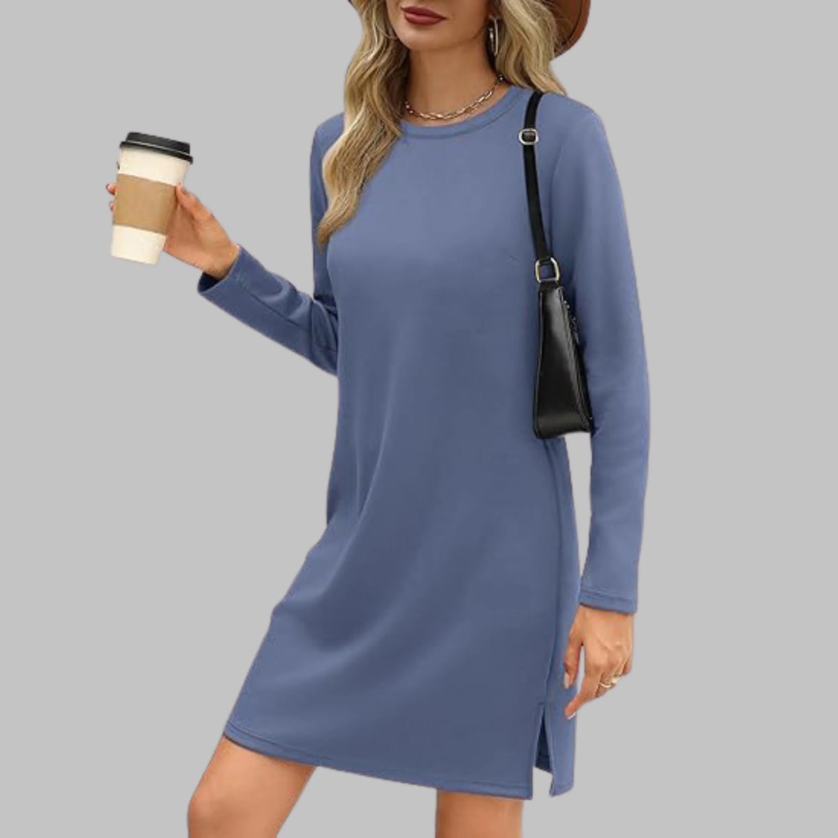 Long sleeve slim fit dress with round neckline.