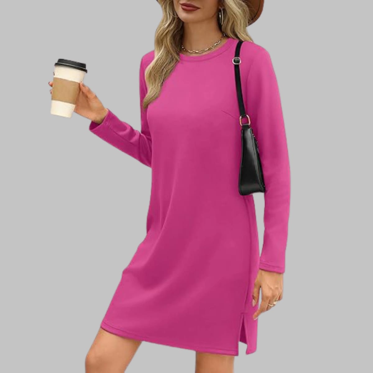 Long sleeve slim fit dress with round neckline.