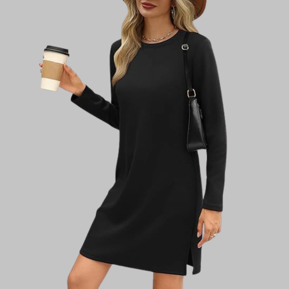 Long sleeve slim fit dress with round neckline.