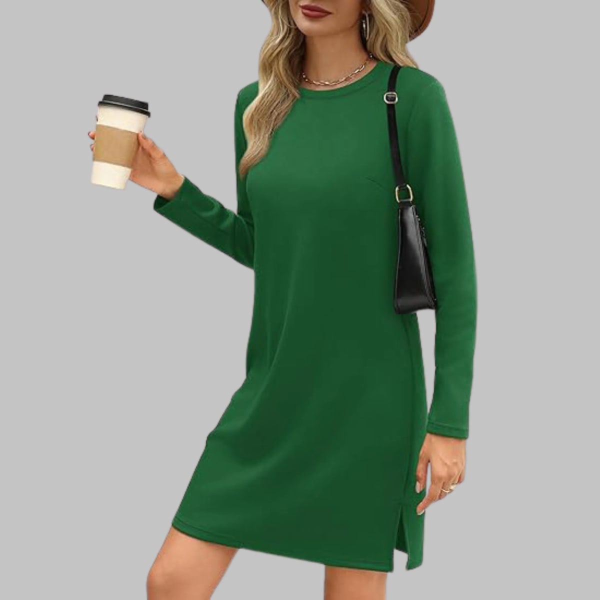 Long sleeve slim fit dress with round neckline.