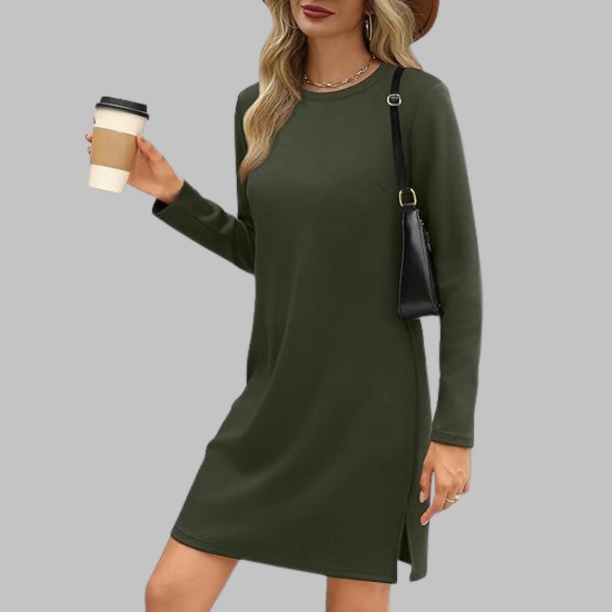 Long sleeve slim fit dress with round neckline.