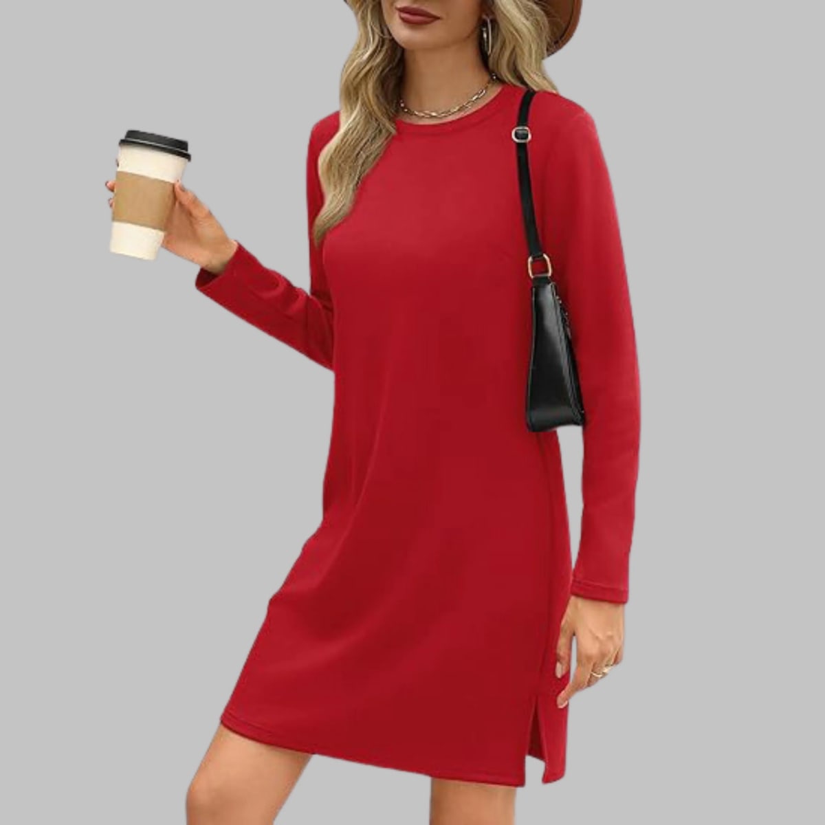 Long sleeve slim fit dress with round neckline.