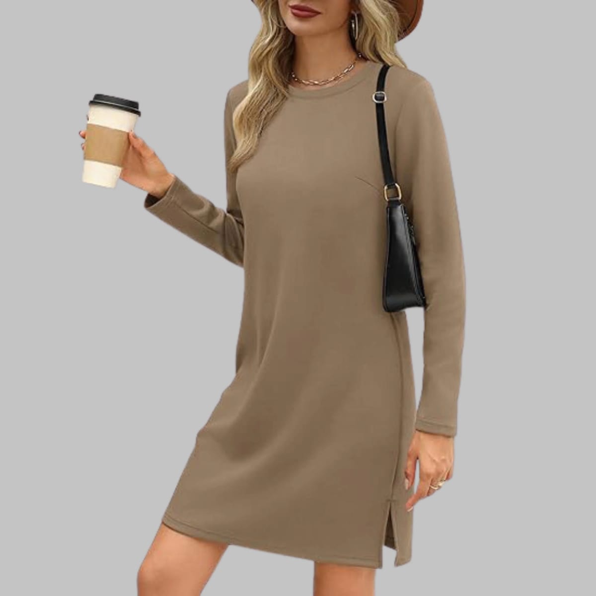 Long sleeve slim fit dress with round neckline.