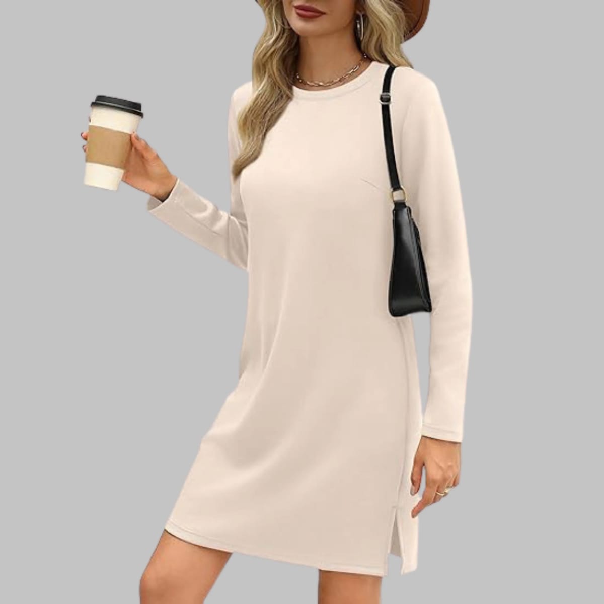 Long sleeve slim fit dress with round neckline.