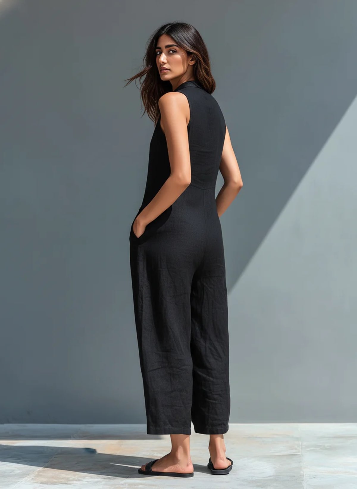 Sleeveless jumpsuit with mandarin collar and wide-leg pants.
