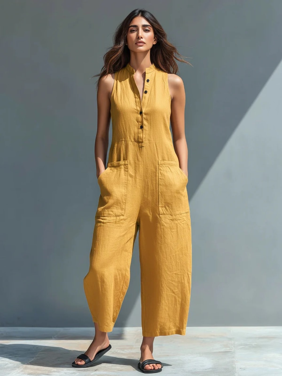 Sleeveless jumpsuit with mandarin collar and wide-leg pants.