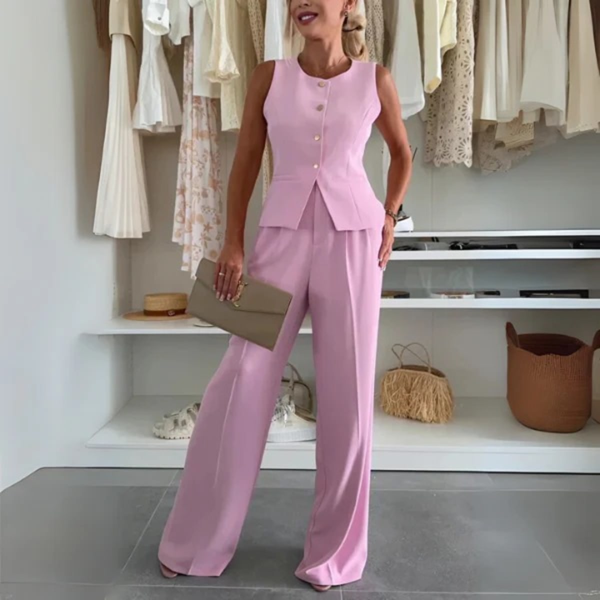 Two-piece button-up co-ord set with matching pants for women.