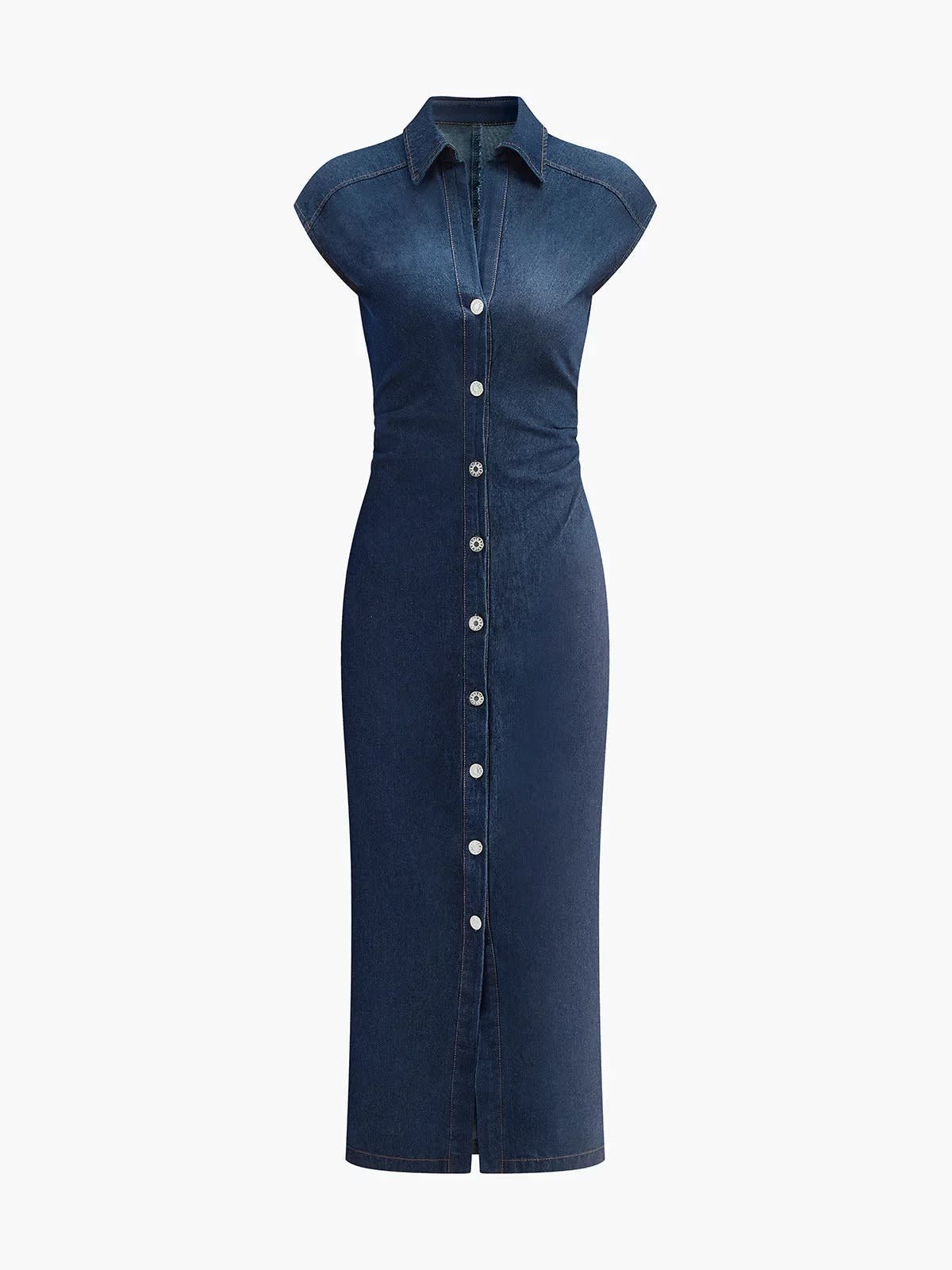 Woman wearing denim midi dress with cap sleeves and button-front.