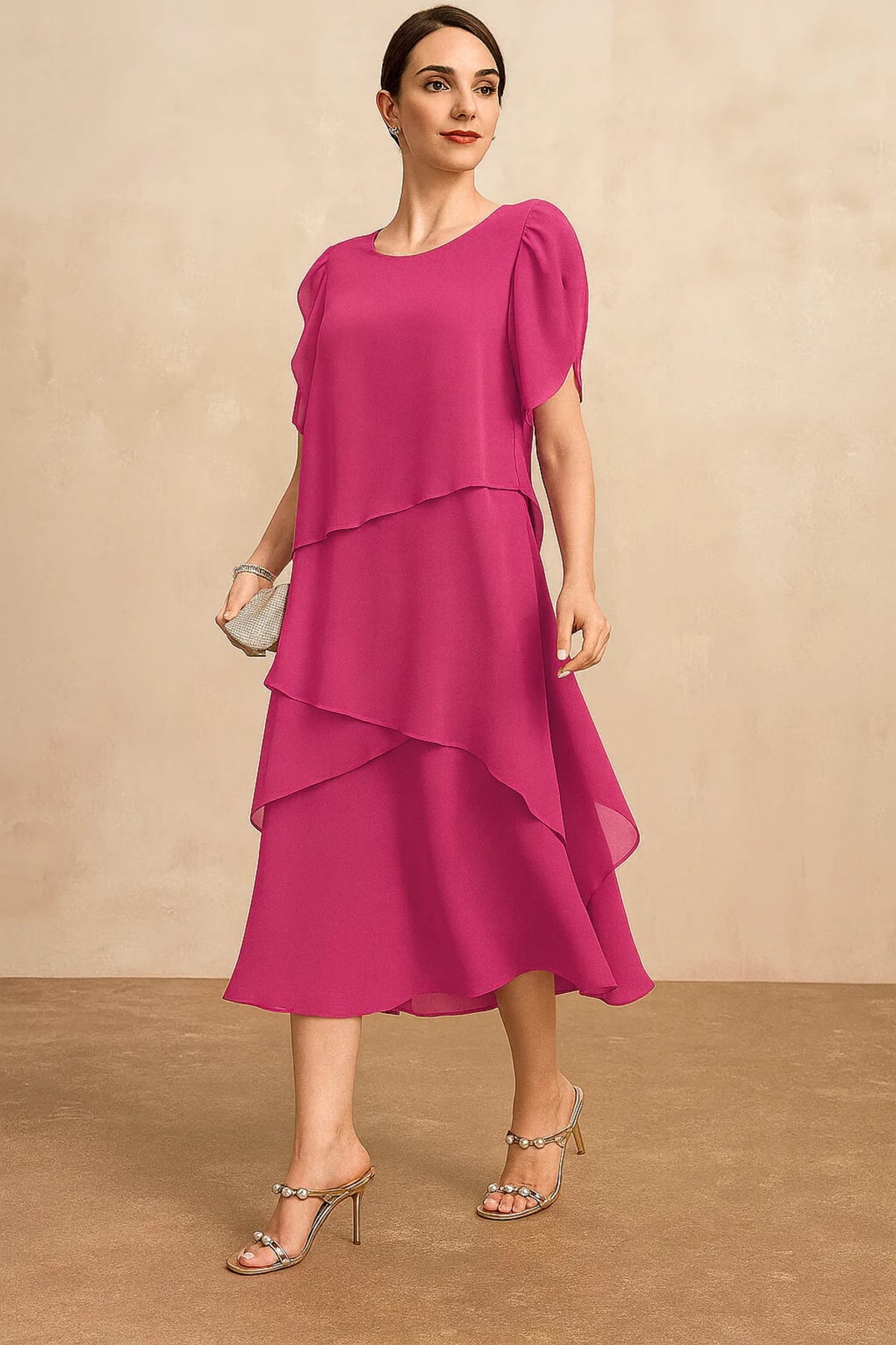 Classic chiffon dress with flowing silhouette, perfect for warm days.