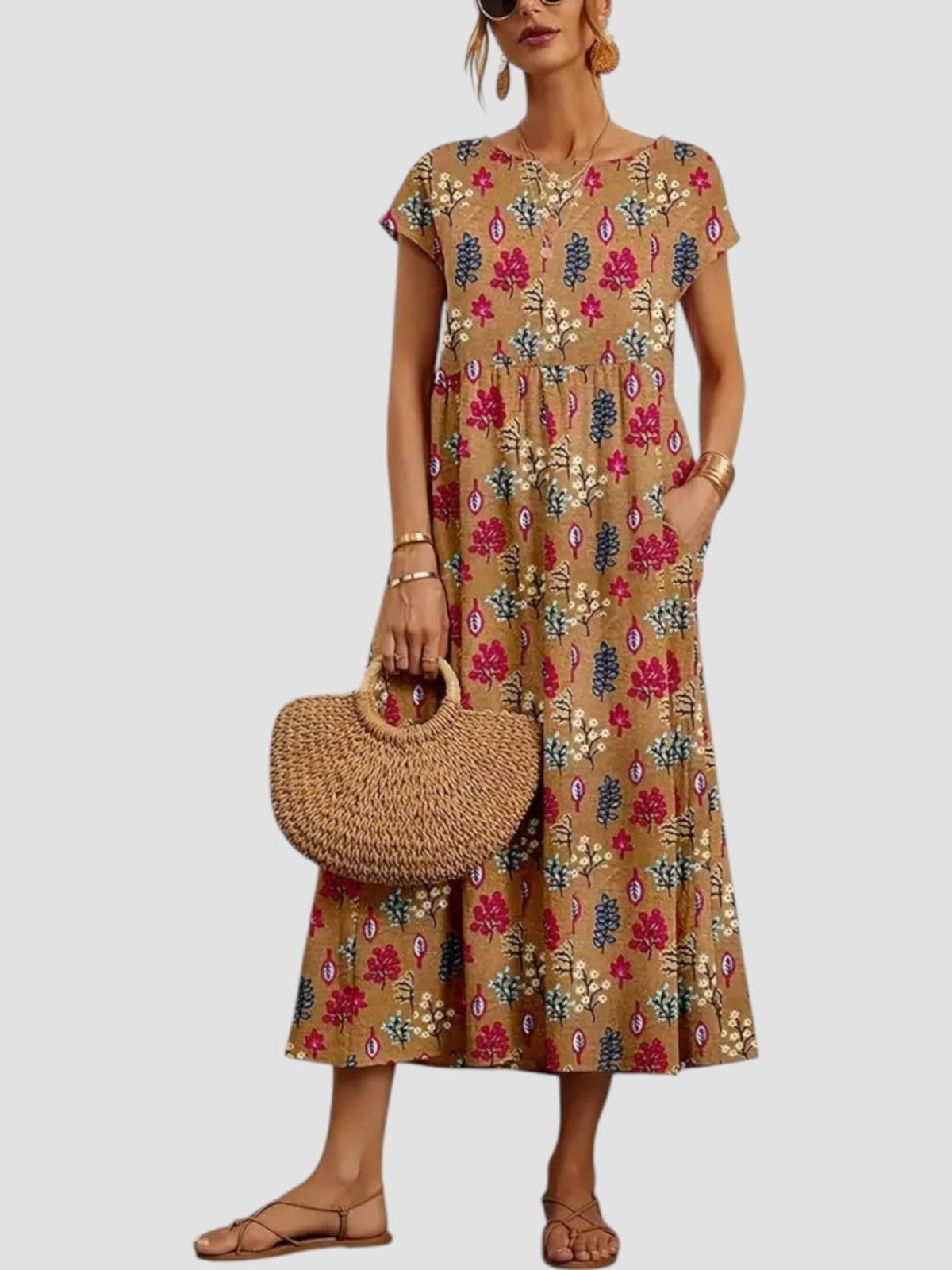 Vintage-inspired floral maxi dress with flowing silhouette.