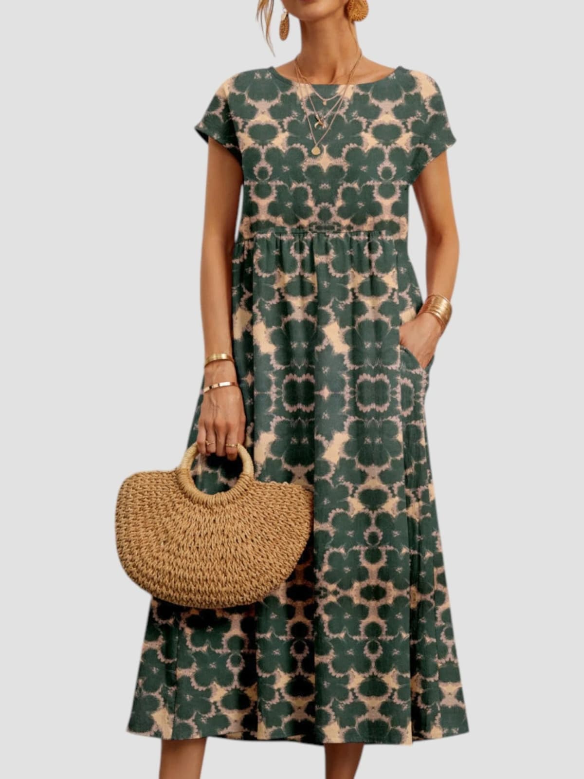Vintage-inspired floral maxi dress with flowing silhouette.