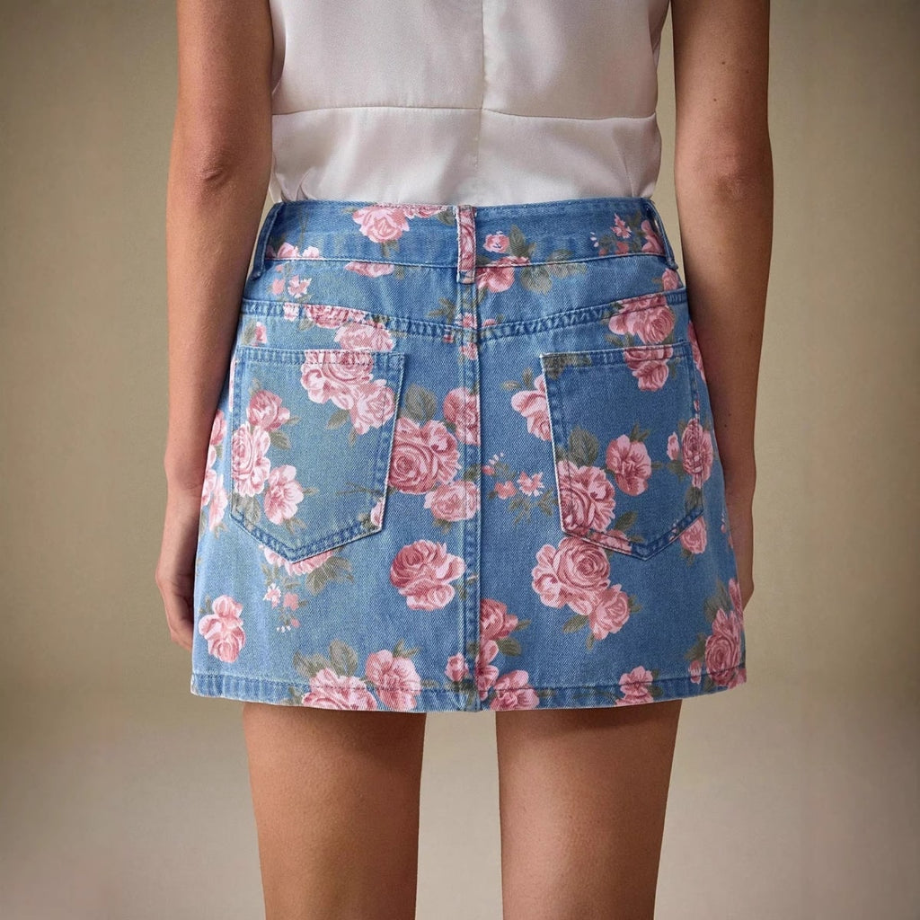 Person wearing floral denim mini skirt with pink roses.