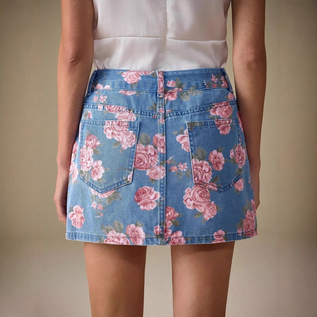 Person wearing floral denim mini skirt with pink roses.