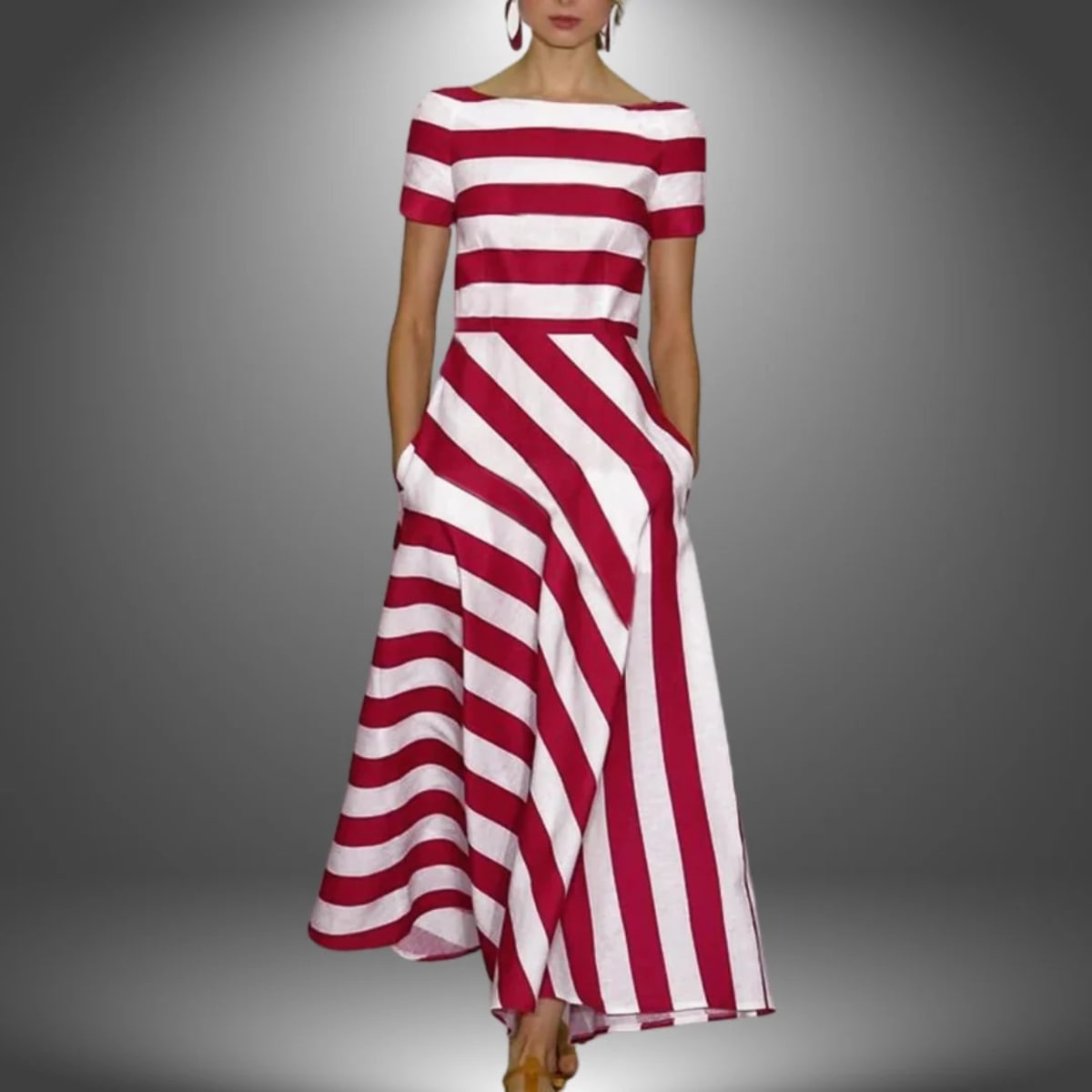 Handcrafted striped maxi dress with relaxed fit and full length.